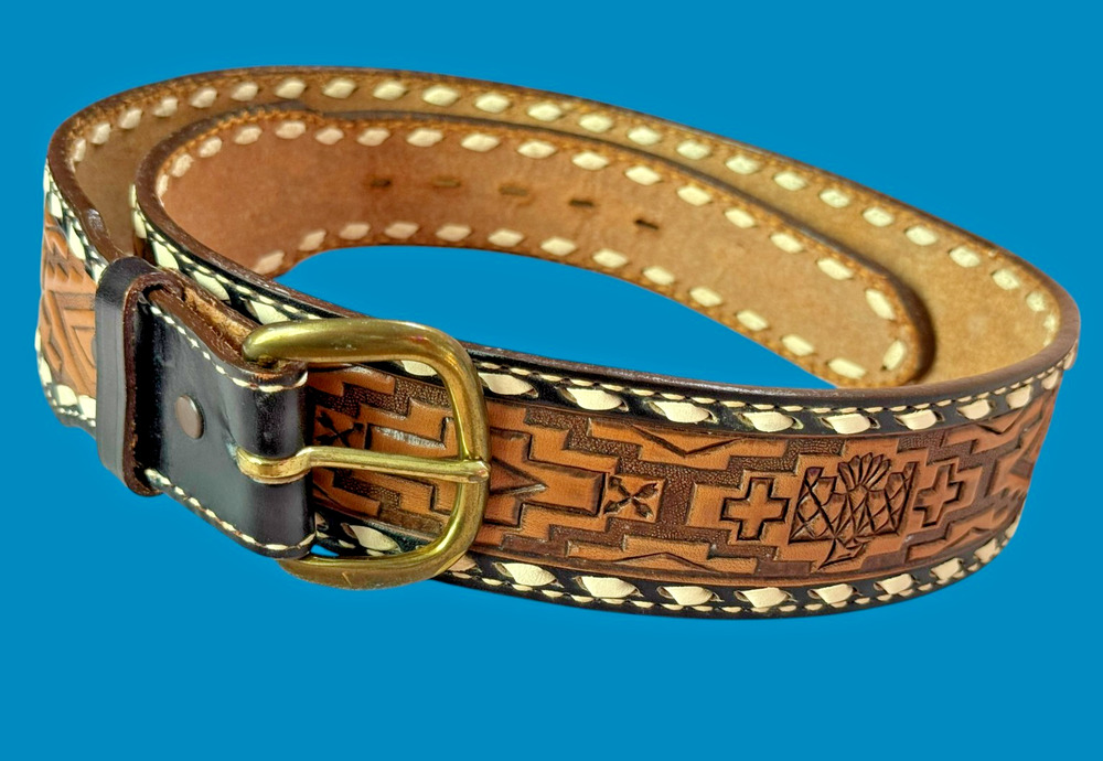 Vintage Tony Lama Tooled Leather Belt 36 Southwestern Western Cowboy 1.75"